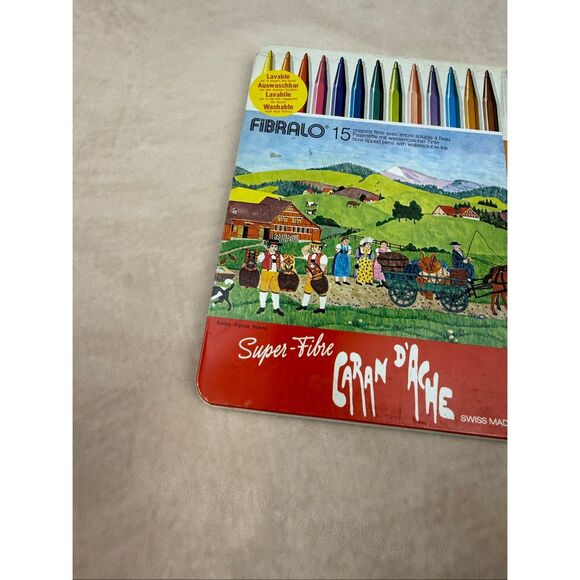 Vintage Caran d'Ache FIBRALO Fiber-Tipped Pens with Swiss Alpine Scene Metal Tin - Picture 2 of 8